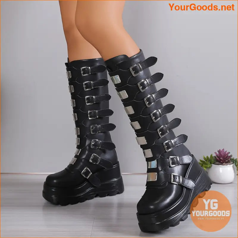 Womens Wedge Heel Buckle Strap Festival Boots - YourGoods Online Shop