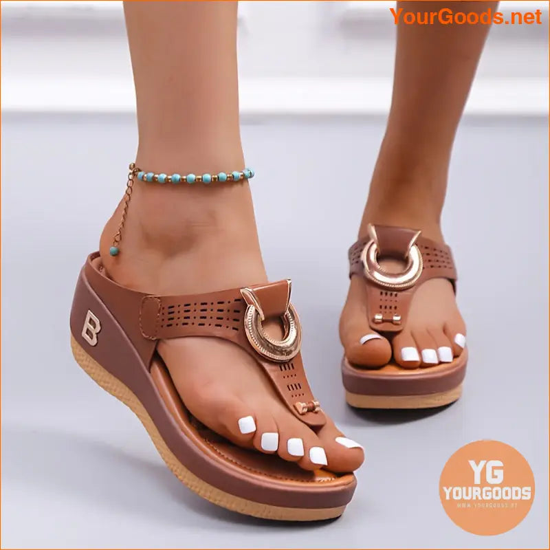 Womens Wedge Sandals Comfy Open Toe with Metal Ring - YourGoods Online Shop