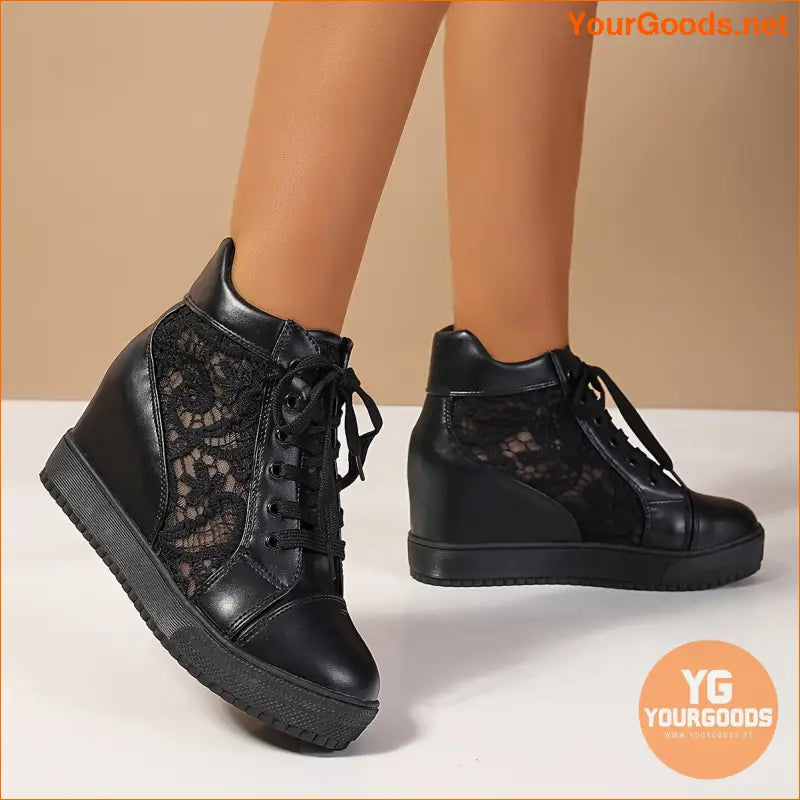 Women's Wedge Shoes for Height Increase and Casual Wear, Women's cut-out lace sneakers with floral embellishments. - YourGoods Online Shop