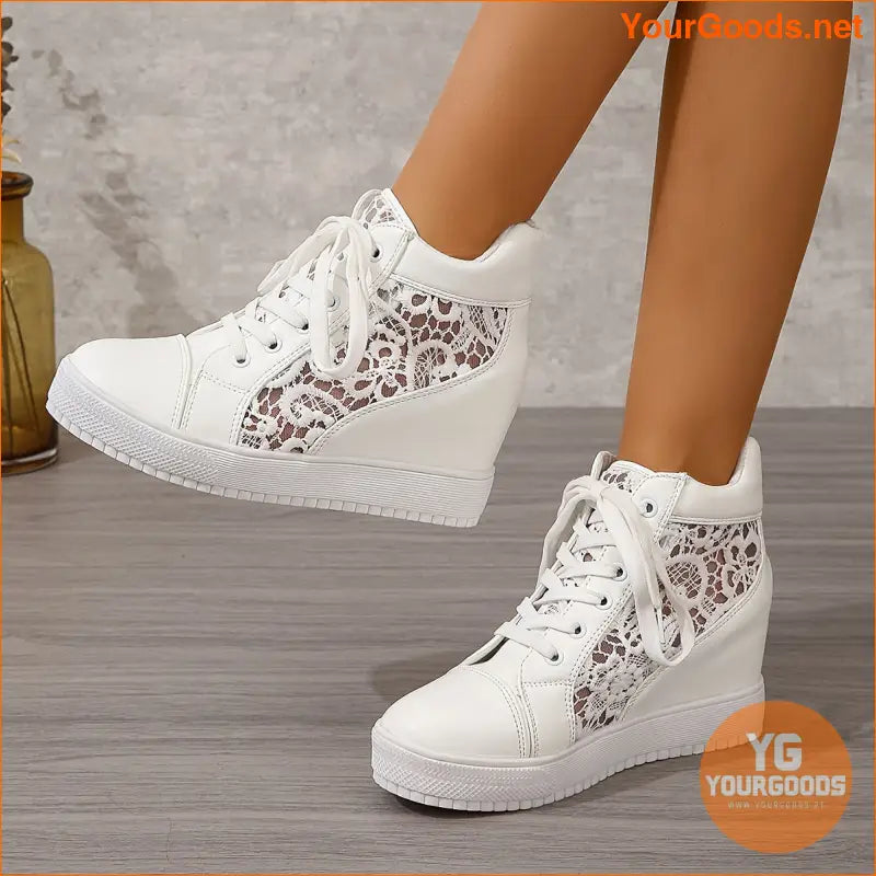 Women's Wedge Shoes for Height Increase and Casual Wear, Women's cut-out lace sneakers with floral embellishments. - YourGoods Online Shop