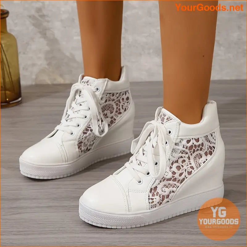 Women's Wedge Shoes for Height Increase and Casual Wear, Women's cut-out lace sneakers with floral embellishments. - YourGoods Online Shop