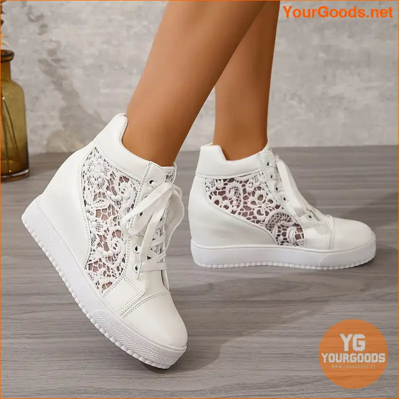 Women's Wedge Shoes for Height Increase and Casual Wear, Women's cut-out lace sneakers with floral embellishments. - YourGoods Online Shop