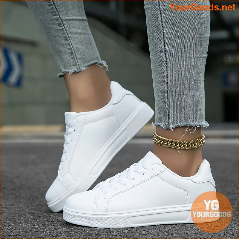 Women's White Skate Shoes, Versatile Lace Up Low Top Flat Sneakers, Casual Outdoor Walking Trainers - YourGoods Online Shop