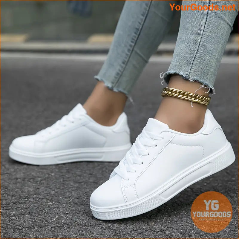 Women's White Skate Shoes, Versatile Lace Up Low Top Flat Sneakers, Casual Outdoor Walking Trainers - YourGoods Online Shop