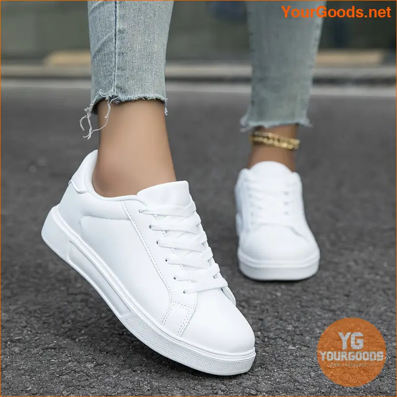 Women's White Skate Shoes, Versatile Lace Up Low Top Flat Sneakers, Casual Outdoor Walking Trainers - YourGoods Online Shop