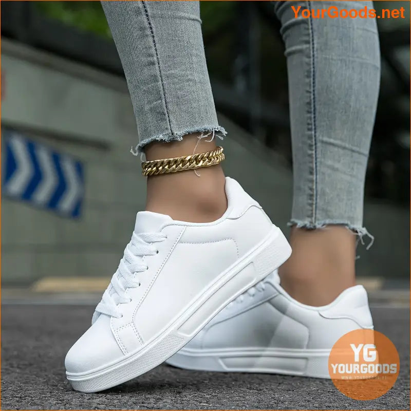 Women's White Skate Shoes, Versatile Lace Up Low Top Flat Sneakers, Casual Outdoor Walking Trainers - YourGoods Online Shop