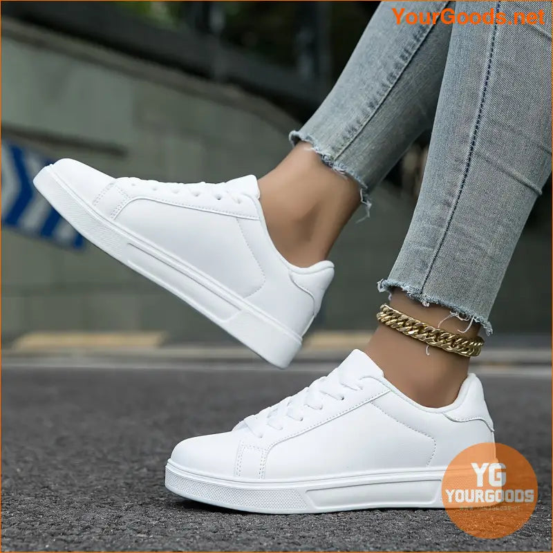 Women's White Skate Shoes, Versatile Lace Up Low Top Flat Sneakers, Casual Outdoor Walking Trainers - YourGoods Online Shop