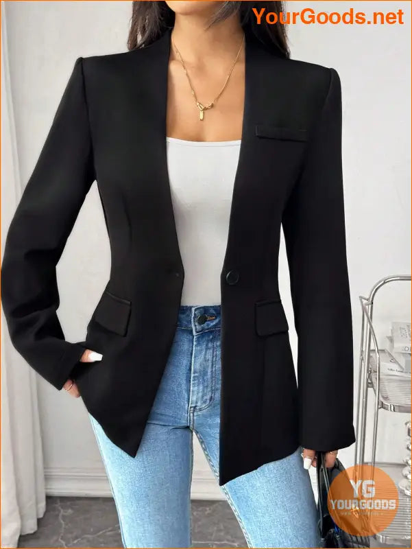 YOURGODDS Spring And Autumn Solid Color Collarless Single-Breasted Elegant Suit Jacket , Black Blazer - YourGoods Online Shop