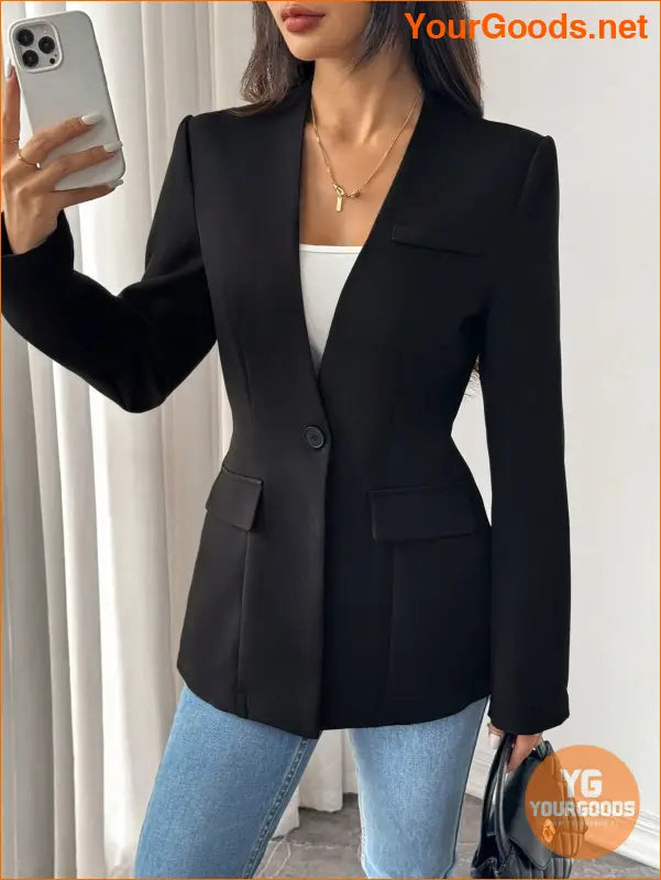 YOURGODDS Spring And Autumn Solid Color Collarless Single-Breasted Elegant Suit Jacket , Black Blazer - YourGoods Online Shop