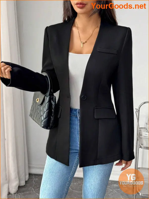 YOURGODDS Spring And Autumn Solid Color Collarless Single-Breasted Elegant Suit Jacket , Black Blazer - YourGoods Online Shop