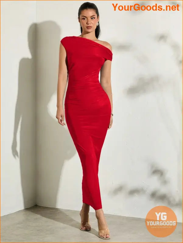 YOURGOODS Asymmetrical Neck Ruched Bodycon Dress - YourGoods Online Shop