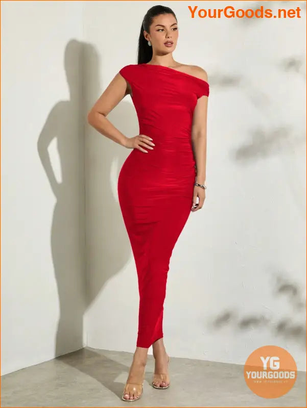 YOURGOODS Asymmetrical Neck Ruched Bodycon Dress - YourGoods Online Shop