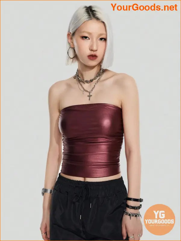 YOURGOODS Black Faux Leather Pleated Strapless Top - YourGoods Online Shop