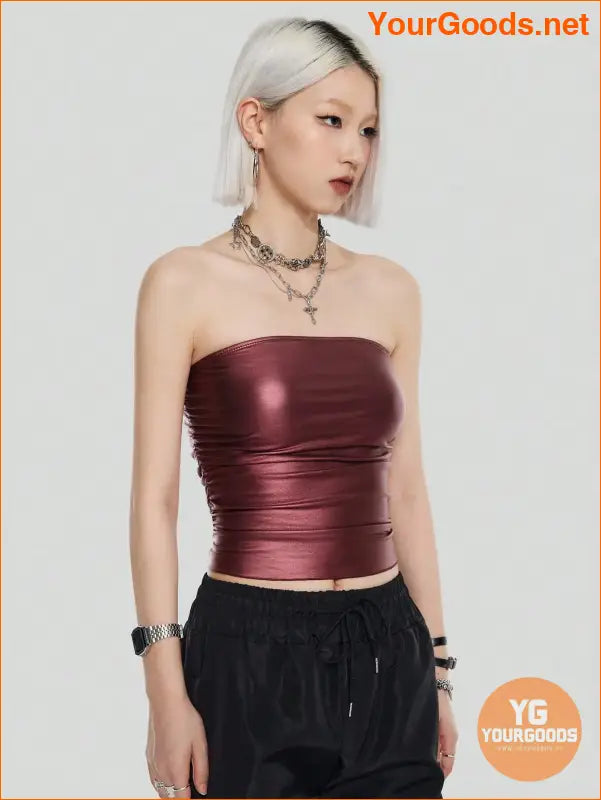 YOURGOODS Black Faux Leather Pleated Strapless Top - YourGoods Online Shop