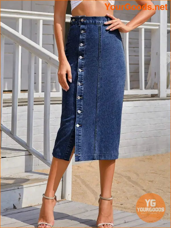 YOURGOODS Button Front Longline Denim Skirt - YourGoods Online Shop