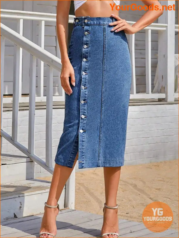 YOURGOODS Button Front Longline Denim Skirt - YourGoods Online Shop