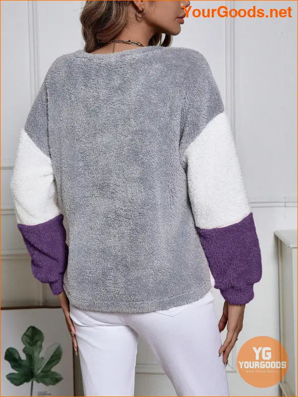 YOURGOODS Color Block Drop Shoulder Fuzzy Sweatshirt Asymmetrical Top - YourGoods Online Shop