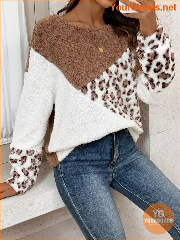 YOURGOODS Color Block Drop Shoulder Fuzzy Sweatshirt Asymmetrical Top - YourGoods Online Shop