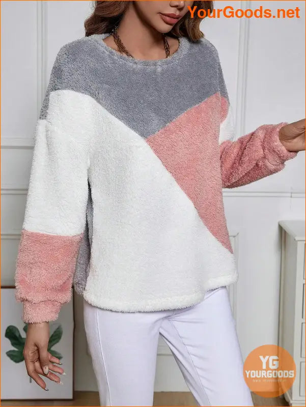 YOURGOODS Color Block Drop Shoulder Fuzzy Sweatshirt Asymmetrical Top - YourGoods Online Shop