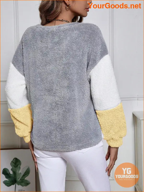 YOURGOODS Color Block Drop Shoulder Fuzzy Sweatshirt Asymmetrical Top - YourGoods Online Shop