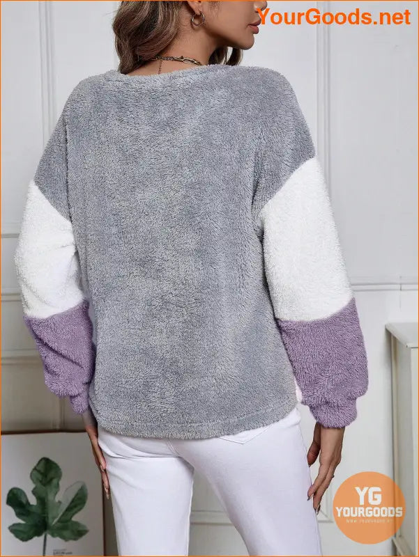 YOURGOODS Color Block Drop Shoulder Fuzzy Sweatshirt Asymmetrical Top - YourGoods Online Shop