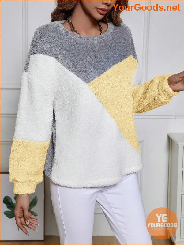 YOURGOODS Color Block Drop Shoulder Fuzzy Sweatshirt Asymmetrical Top - YourGoods Online Shop