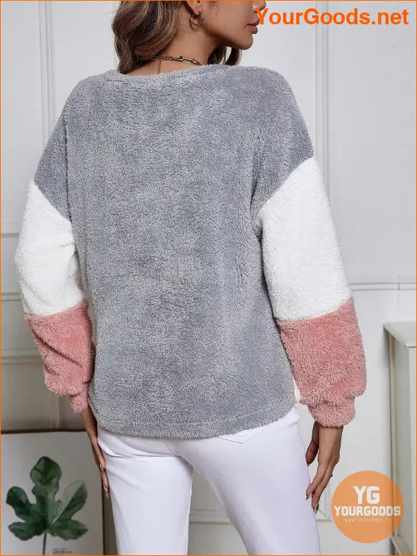 YOURGOODS Color Block Drop Shoulder Fuzzy Sweatshirt Asymmetrical Top - YourGoods Online Shop