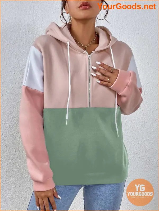 YOURGOODS Colorblock Half Zip Drawstring Thermal Lined Hoodie - YourGoods Online Shop