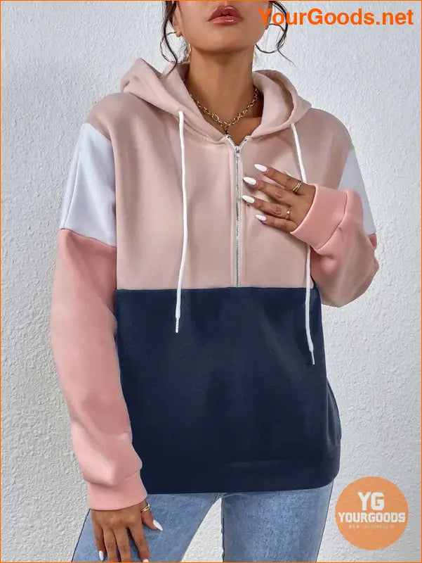 YOURGOODS Colorblock Half Zip Drawstring Thermal Lined Hoodie - YourGoods Online Shop