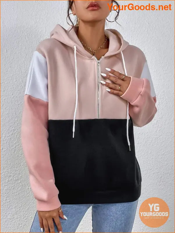 YOURGOODS Colorblock Half Zip Drawstring Thermal Lined Hoodie - YourGoods Online Shop