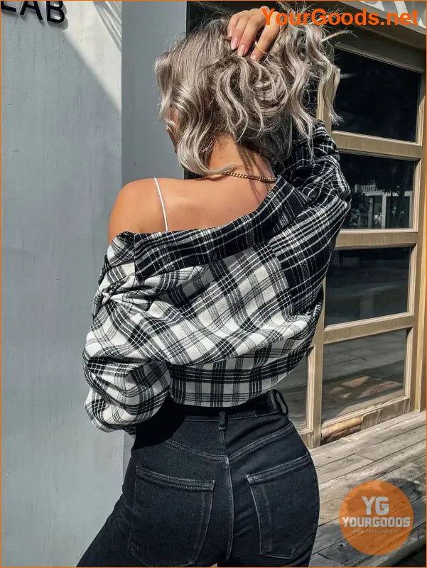 YOURGOODS Colorblock Plaid Drop Shoulder Crop Shirt - YourGoods Online Shop