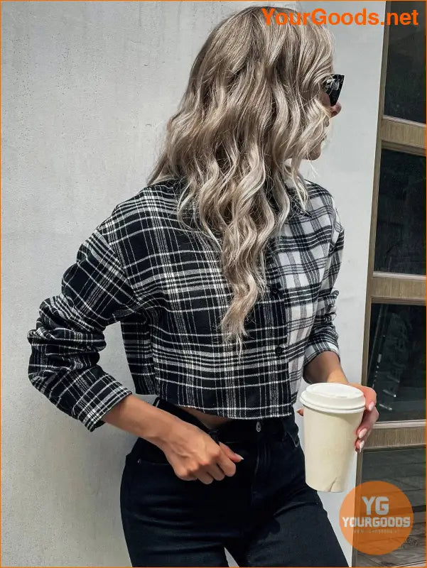 YOURGOODS Colorblock Plaid Drop Shoulder Crop Shirt - YourGoods Online Shop