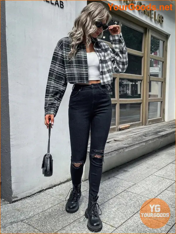 YOURGOODS Colorblock Plaid Drop Shoulder Crop Shirt - YourGoods Online Shop