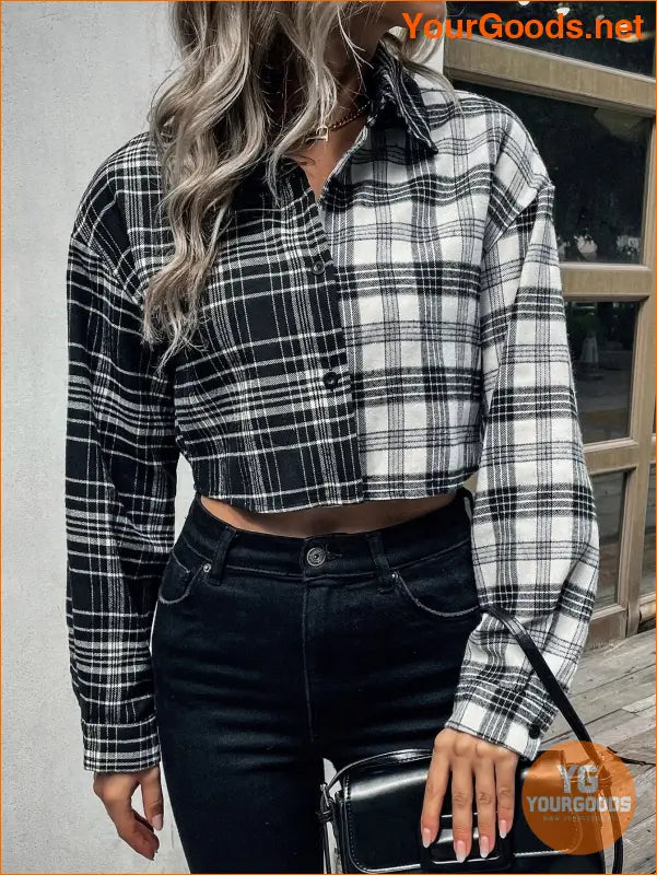 YOURGOODS Colorblock Plaid Drop Shoulder Crop Shirt - YourGoods Online Shop