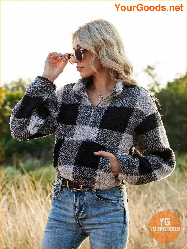 YOURGOODS Drop Shoulder Kangaroo Pocket Buffalo Plaid Teddy Pullover - YourGoods Online Shop