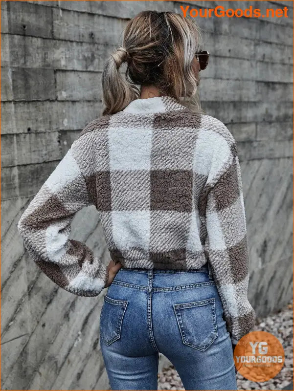 YOURGOODS Drop Shoulder Kangaroo Pocket Buffalo Plaid Teddy Pullover - YourGoods Online Shop