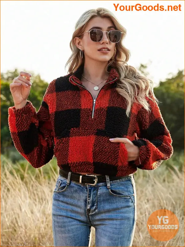 YOURGOODS Drop Shoulder Kangaroo Pocket Buffalo Plaid Teddy Pullover - YourGoods Online Shop