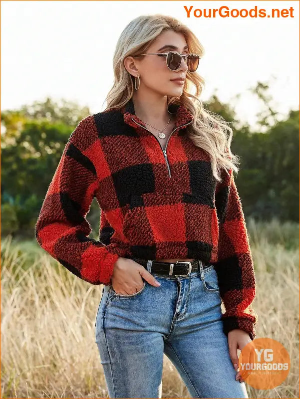 YOURGOODS Drop Shoulder Kangaroo Pocket Buffalo Plaid Teddy Pullover - YourGoods Online Shop