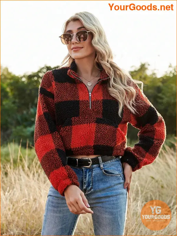 YOURGOODS Drop Shoulder Kangaroo Pocket Buffalo Plaid Teddy Pullover - YourGoods Online Shop