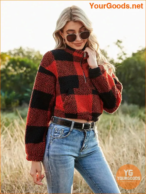 YOURGOODS Drop Shoulder Kangaroo Pocket Buffalo Plaid Teddy Pullover - YourGoods Online Shop