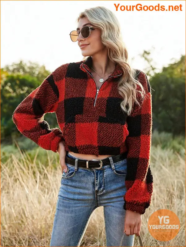 YOURGOODS Drop Shoulder Kangaroo Pocket Buffalo Plaid Teddy Pullover - YourGoods Online Shop