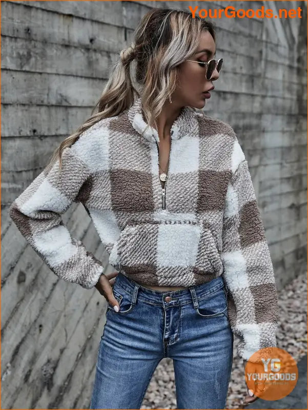 YOURGOODS Drop Shoulder Kangaroo Pocket Buffalo Plaid Teddy Pullover - YourGoods Online Shop