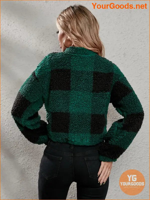 YOURGOODS Drop Shoulder Kangaroo Pocket Buffalo Plaid Teddy Pullover - YourGoods Online Shop