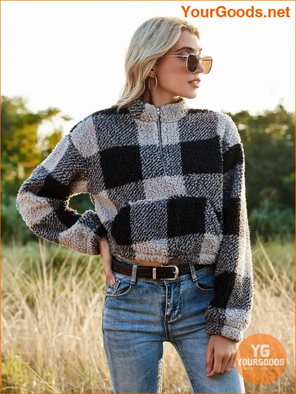 YOURGOODS Drop Shoulder Kangaroo Pocket Buffalo Plaid Teddy Pullover - YourGoods Online Shop