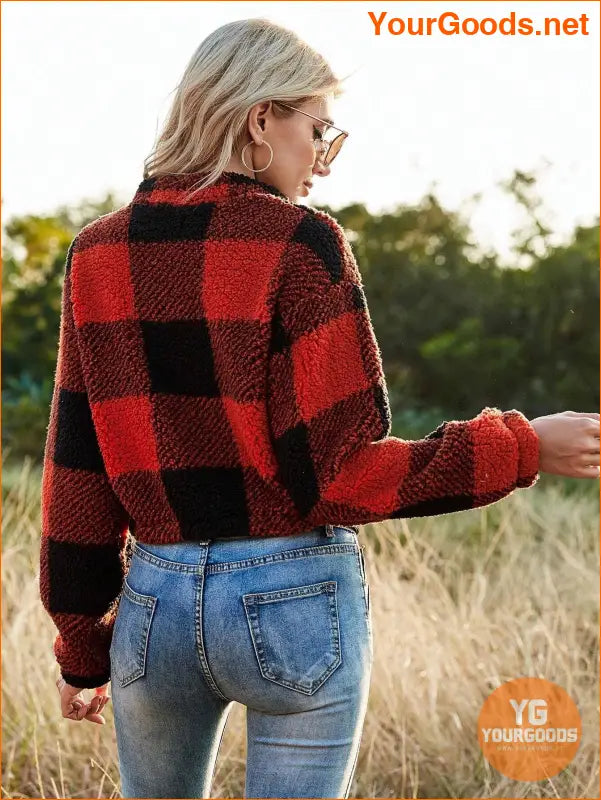 YOURGOODS Drop Shoulder Kangaroo Pocket Buffalo Plaid Teddy Pullover - YourGoods Online Shop