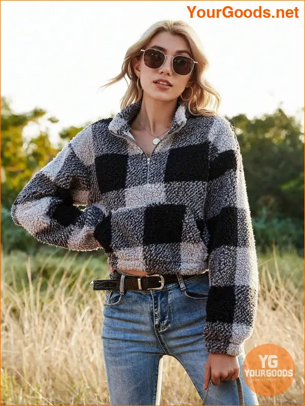 YOURGOODS Drop Shoulder Kangaroo Pocket Buffalo Plaid Teddy Pullover - YourGoods Online Shop