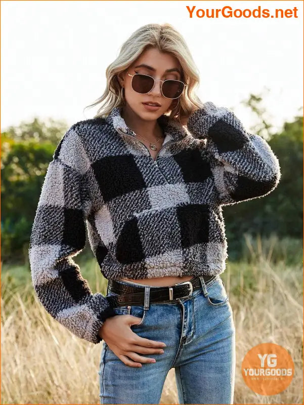 YOURGOODS Drop Shoulder Kangaroo Pocket Buffalo Plaid Teddy Pullover - YourGoods Online Shop