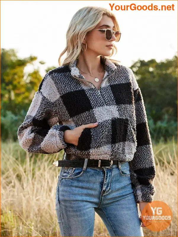 YOURGOODS Drop Shoulder Kangaroo Pocket Buffalo Plaid Teddy Pullover - YourGoods Online Shop