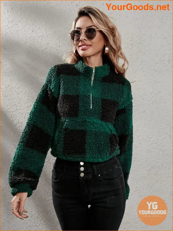 YOURGOODS Drop Shoulder Kangaroo Pocket Buffalo Plaid Teddy Pullover - YourGoods Online Shop