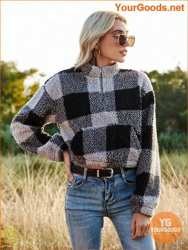 YOURGOODS Drop Shoulder Kangaroo Pocket Buffalo Plaid Teddy Pullover - YourGoods Online Shop